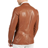 Mens Brown Two Button Tan Natural Leather Blazer Jacket - Back View