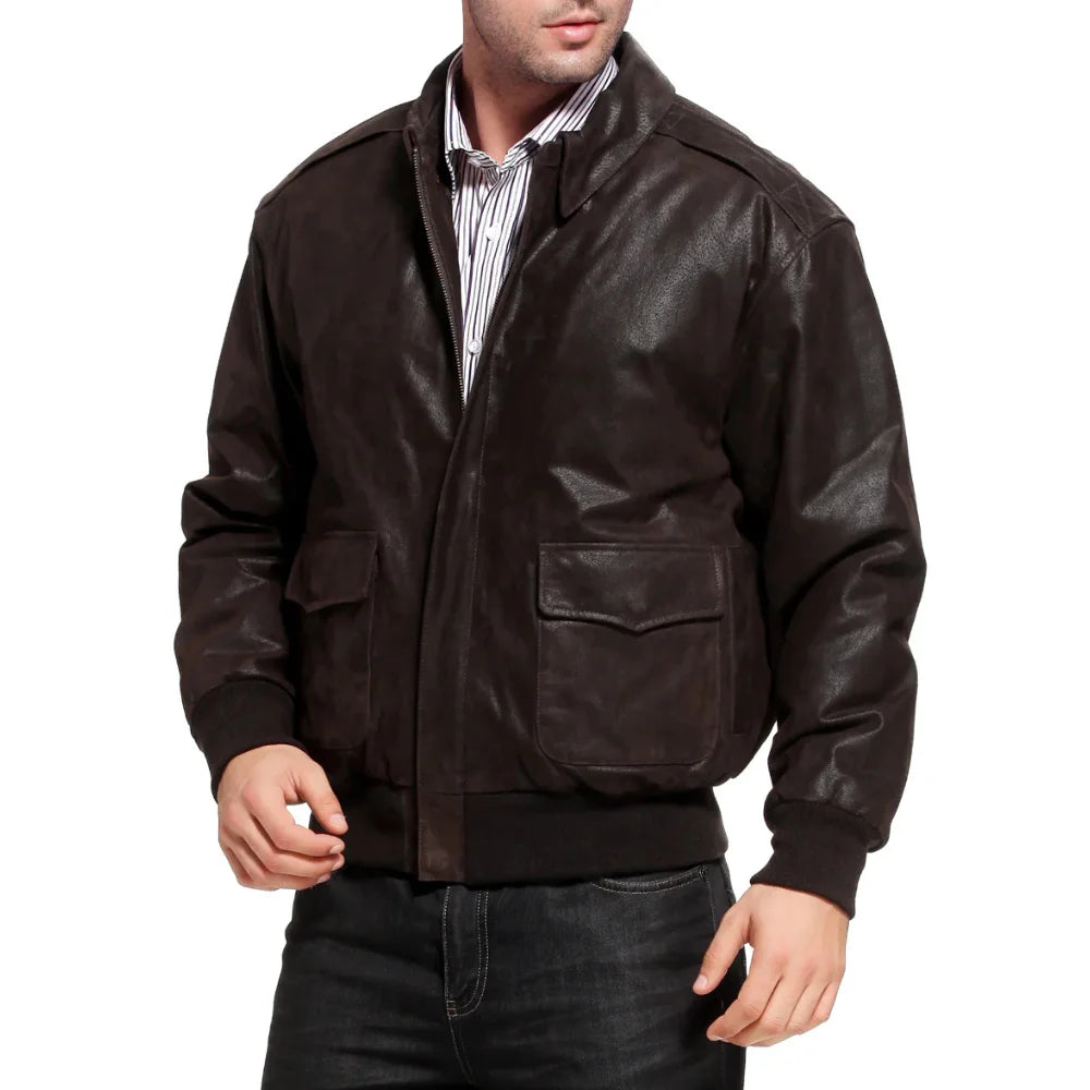 Men's Distressed Brown Leather A2 Bomber Jacket - Side View