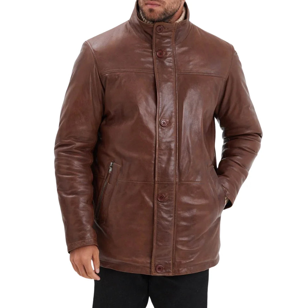 Men’s Bison Brown Lambskin Leather Jacket with Removable Inner Collar