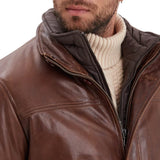 Men’s Bison Brown Lambskin Leather Jacket with Removable Inner Collar