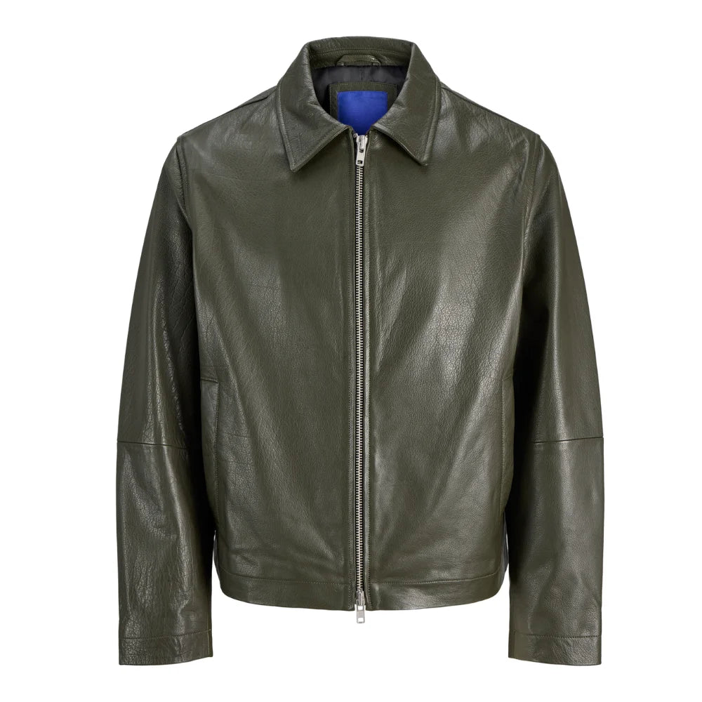 Men's Shirt Collar Olive Green Leather Jacket