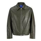 Men's Shirt Collar Olive Green Leather Jacket