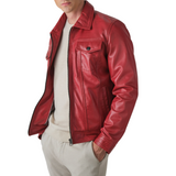 Mens Red Vintage Leather Trucker Jacket Mens