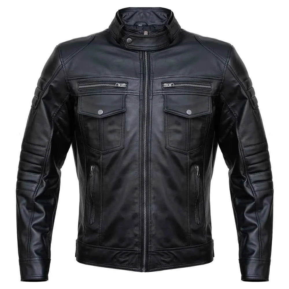 Mens Slim Fit Double Pockets Real Black Leather Biker Jacket