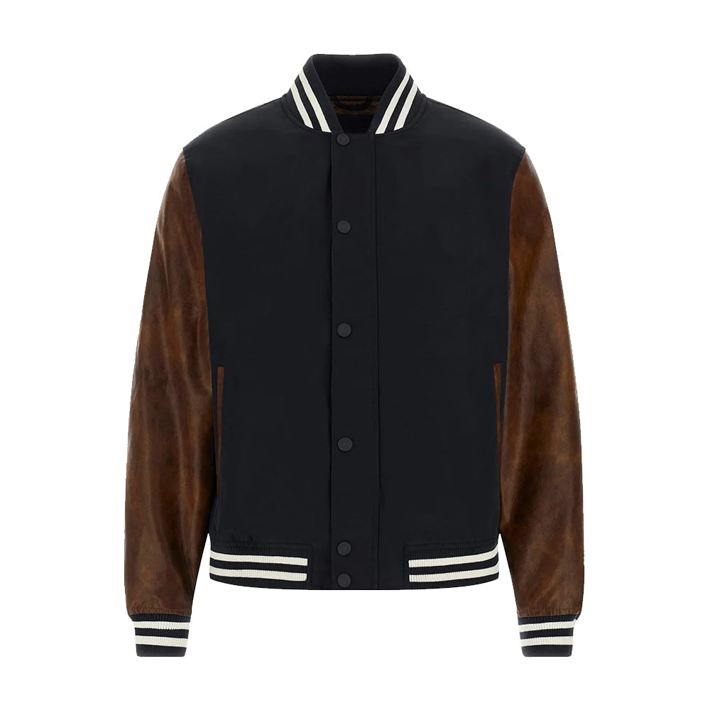 Mens Wool Navy Blue Jacket with Leather Sleeves
