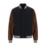 Mens Wool Navy Blue Jacket with Leather Sleeves