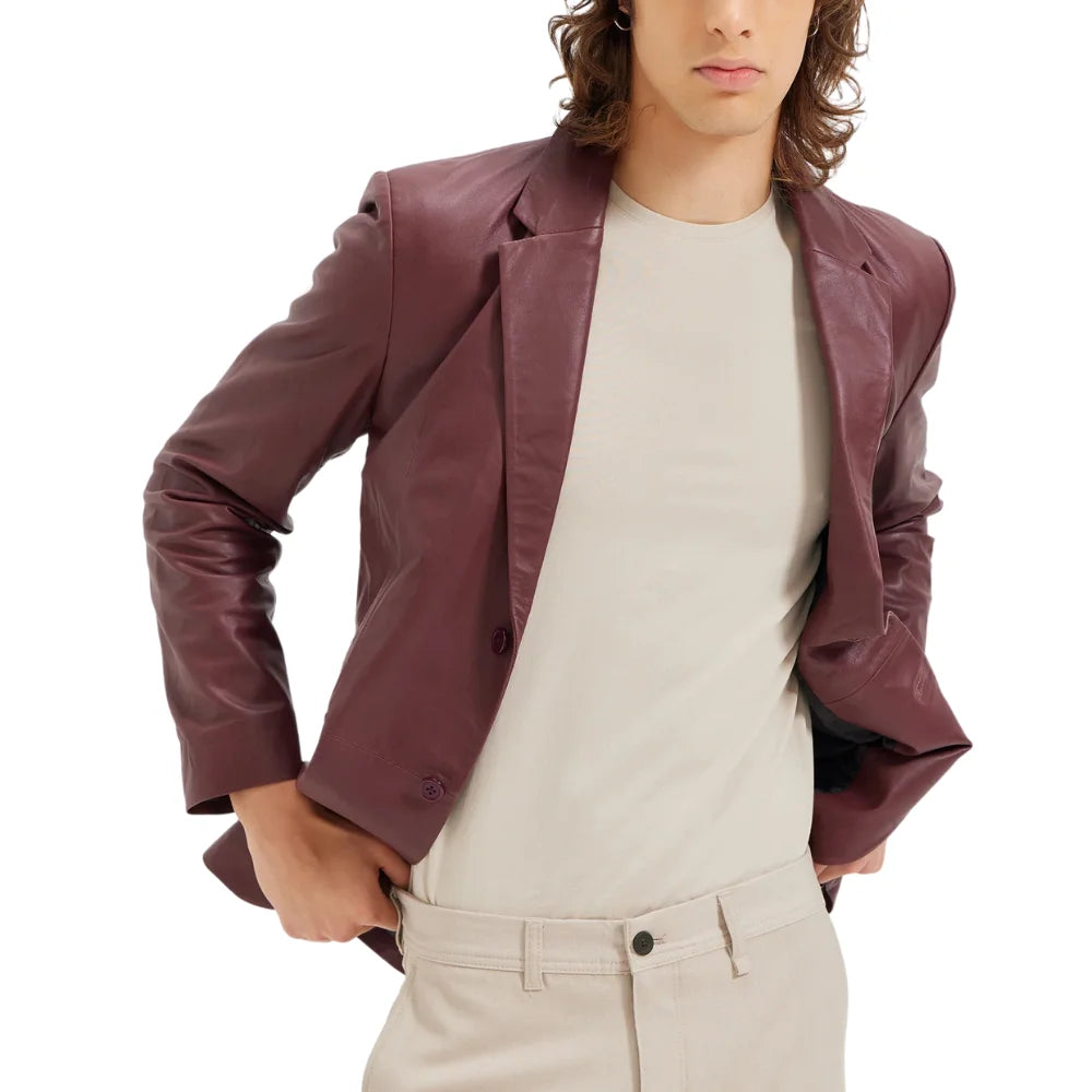 Men's Two Button Real Wine Red Leather Blazer