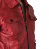 Mens Red Vintage Real Leather Trucker Jacket Mens - Close Up
