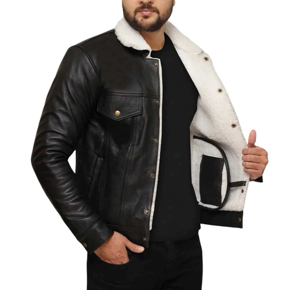 Men's Real Sherpa Black Leather Jacket