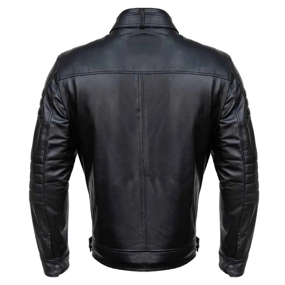 Mens Slim Fit Double Pockets Real Black Leather Biker Jacket