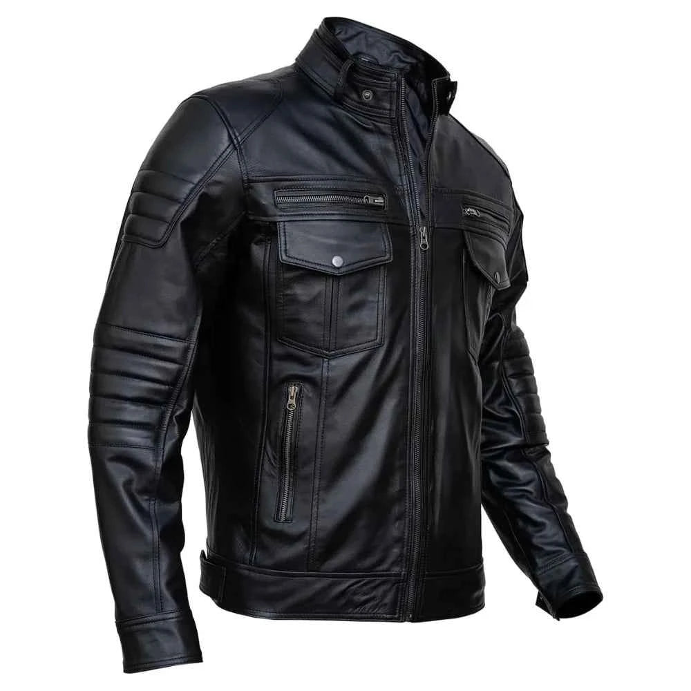 Mens Slim Fit Double Pockets Real Black Leather Biker Jacket
