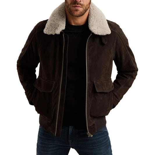 Men's Brown Aviator Nubuck Leather Fur Jacket