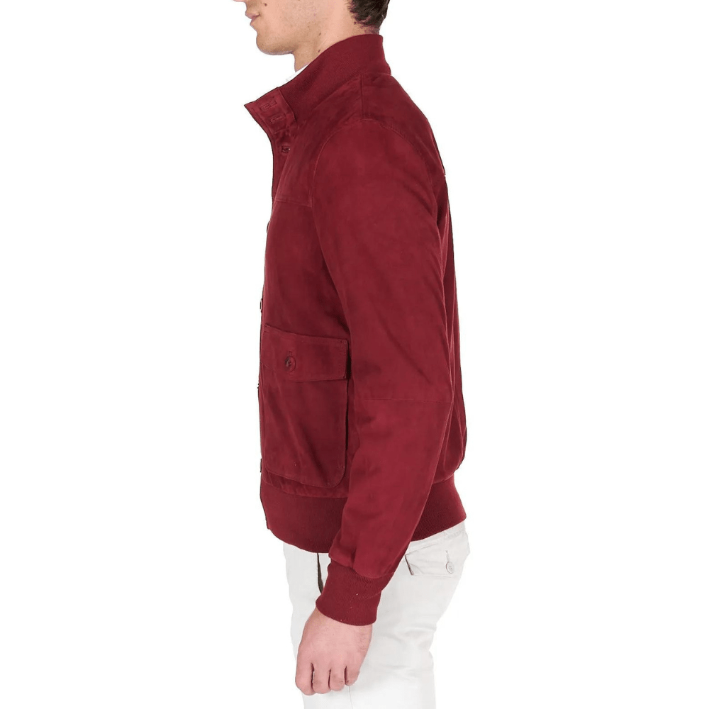 Men's High Neck Red Suede Leather Jacket