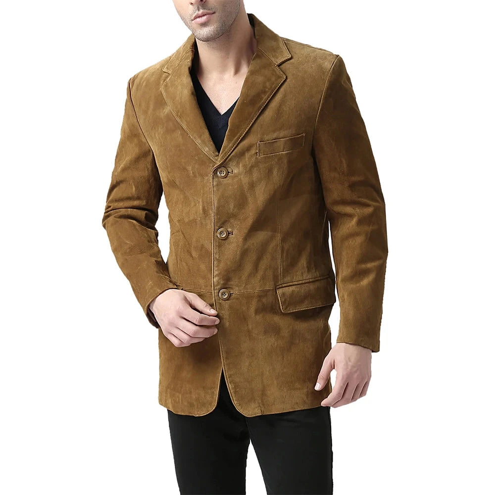 Slim Fit Notch Lapel Camel Brown Suede Leather Blazer Mens