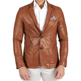 Mens Brown Two Button Tan Natural Leather Blazer Jacket