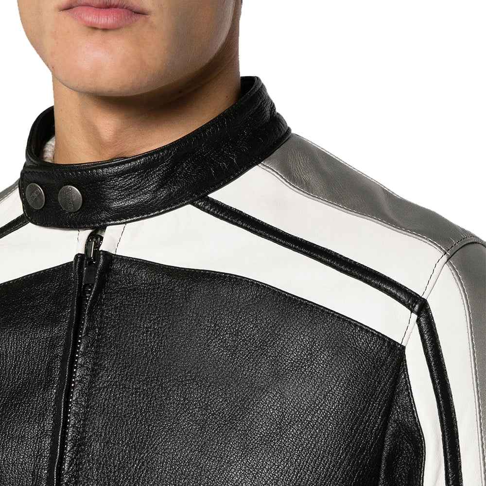 Men's Black and White Leather jacket with Grey Detailing