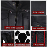 Men's Buffalo Leather Black Motorcycle Jacket with Removable CE Armor