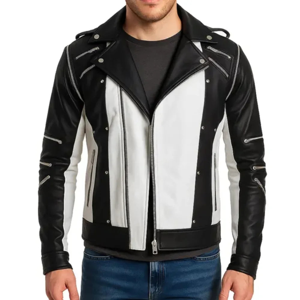 Jackson Men’s White and Black Leather Jacket with Removable Sleeves