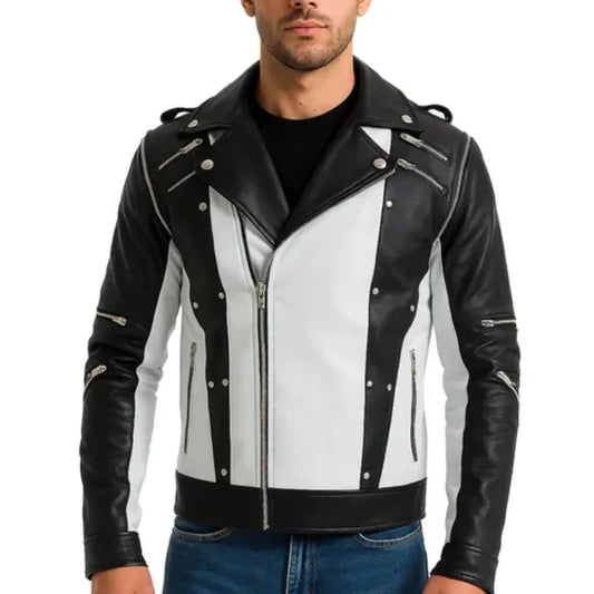Jackson Men’s White and Black Leather Jacket with Removable Sleeves