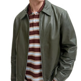 Men's Shirt Collar Olive Green Leather Jacket