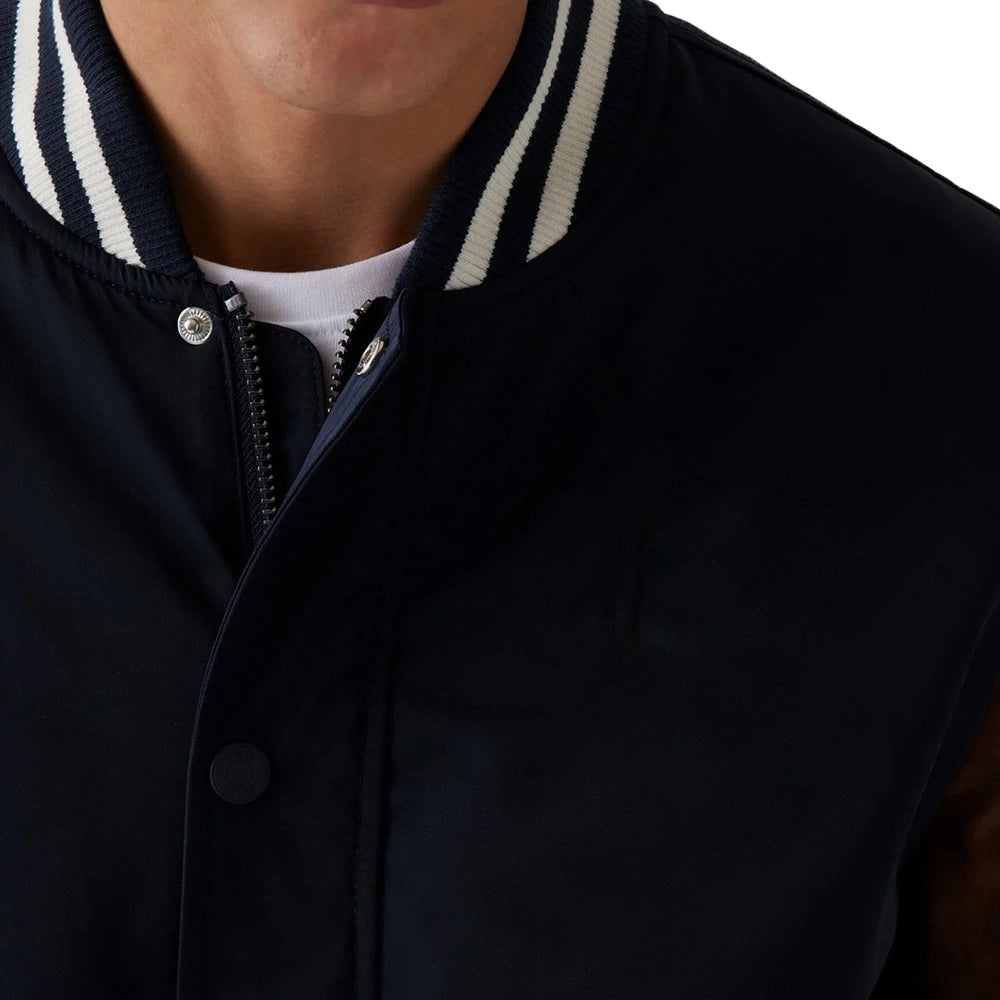 Mens Navy Blue Varsity Jacket with Leather Sleeves