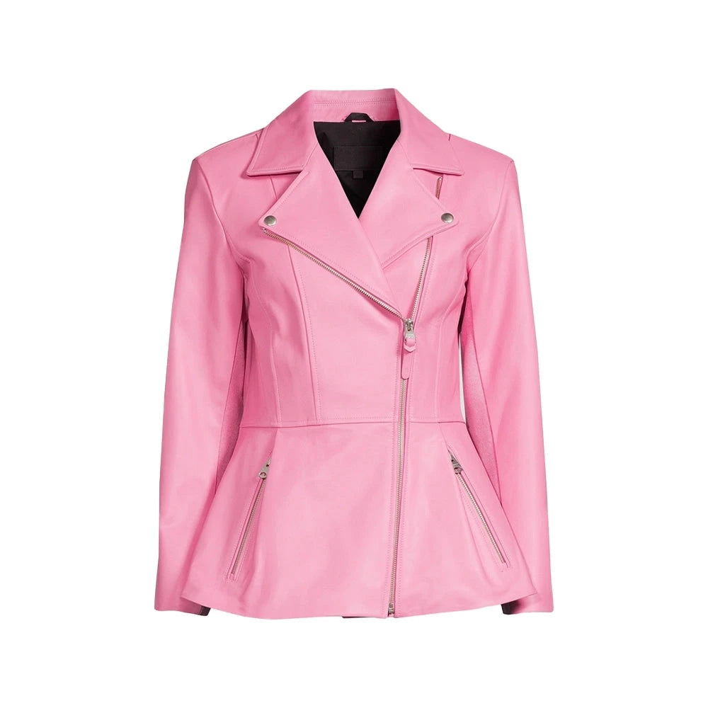 Womens Pink Leather Peplum Jacket