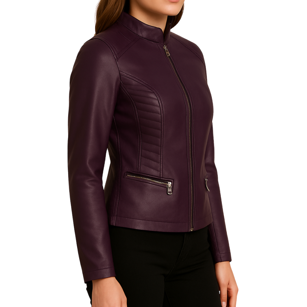 Women Slim Fit Biker Purple Jacket