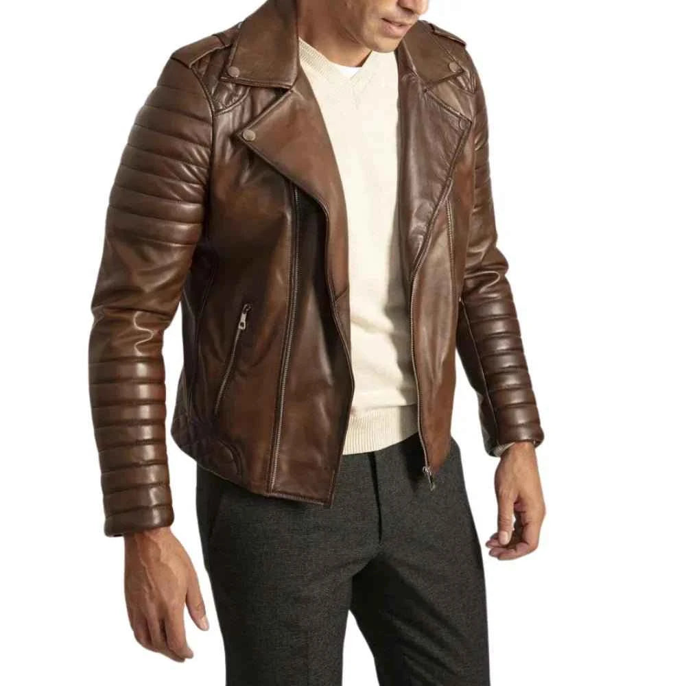 Mens Distressed Brown Leather Motorcycle Jacket