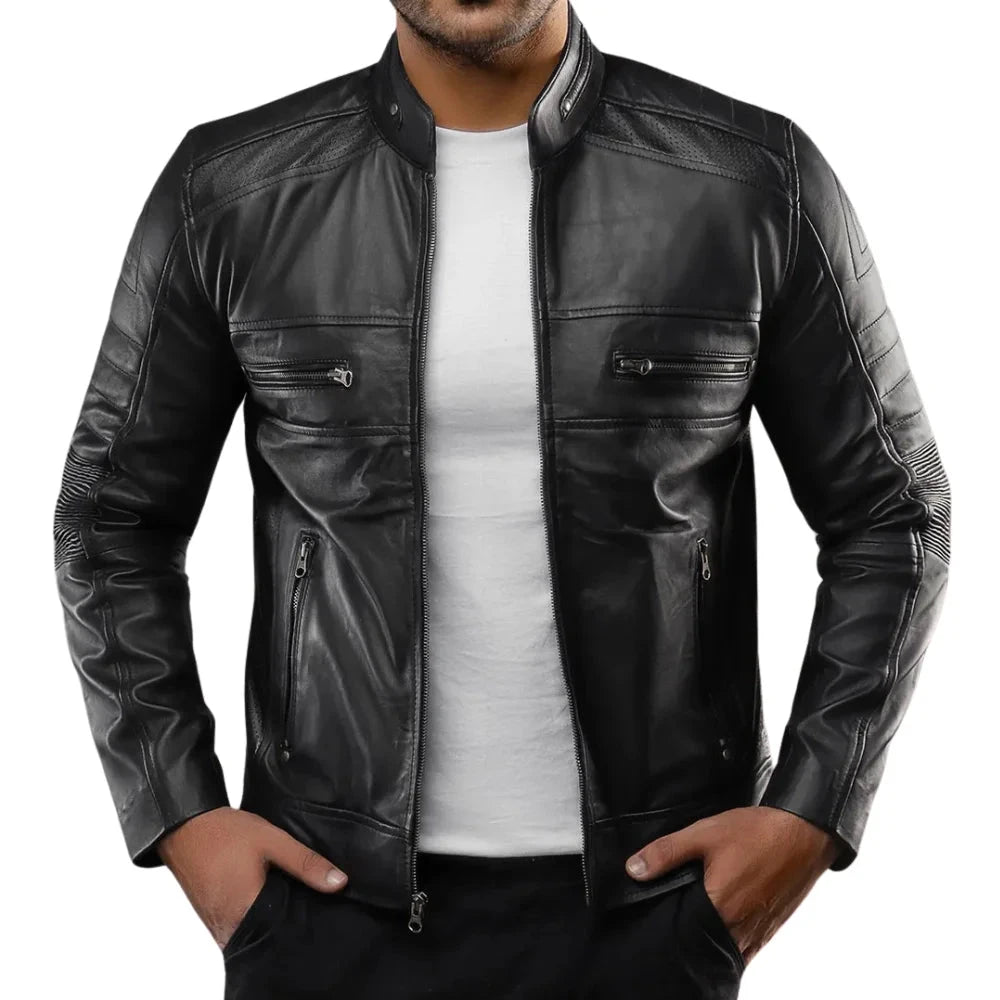 Men's Real Lambskin Black Cafe Racer Leather Jacket