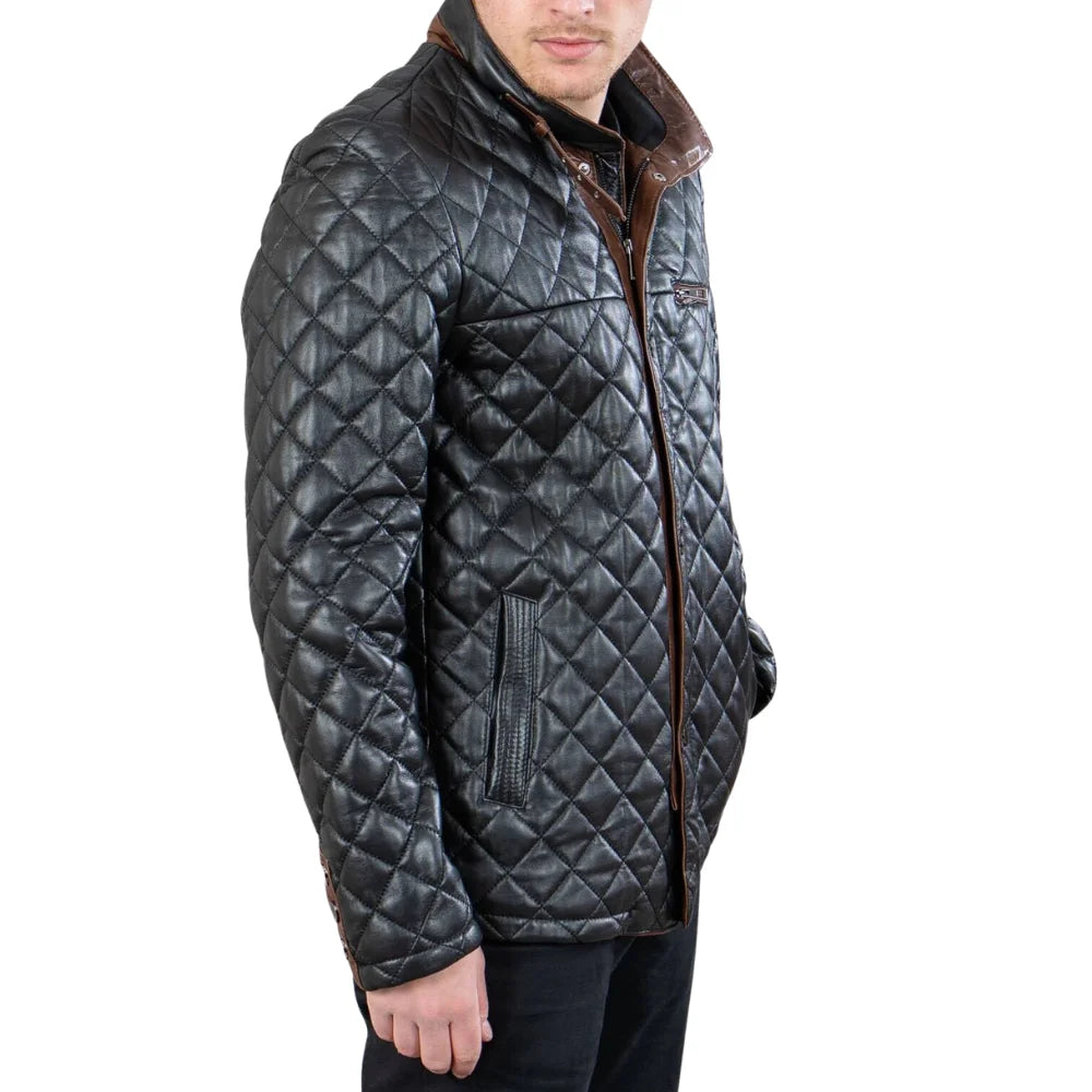 Mens Black Quilted Leather Car Coat