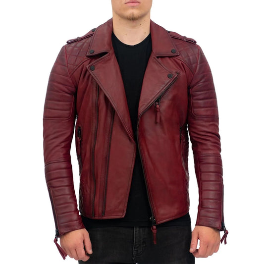 Mens Burgundy Slim Fit Double Zip Brando Leather Biker Jacket