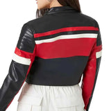 Ladies Cropped Red Black and White Leather Jacket