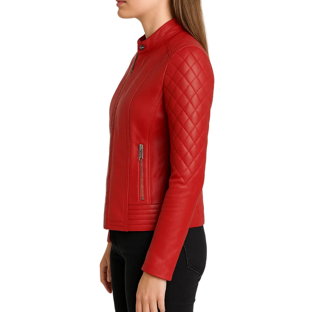 Women's Quilted Leather Red Cafe Racer Jacket