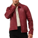 Men's Red Shirt Collar Leather Biker Jacket