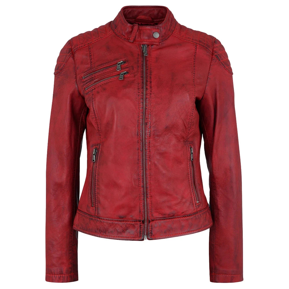 Apple Red Leather Biker Jacket Womens