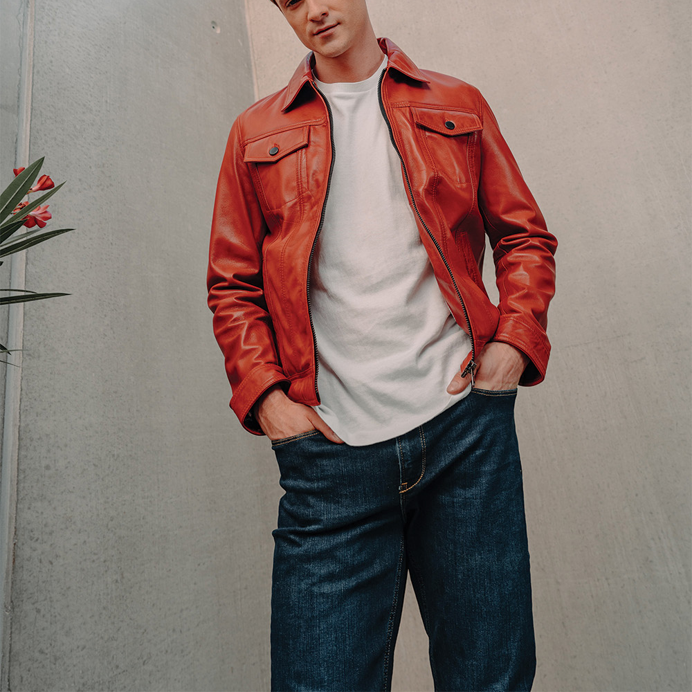 Mens Red  Real Leather Trucker Jacket Mens