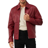 Men's Red Shirt Collar Leather Biker Jacket