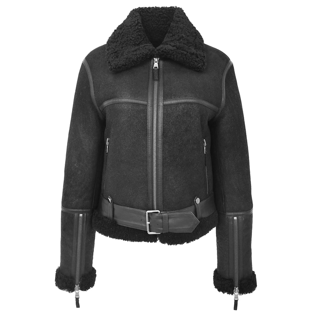 Women's Sheepskin Belted Black Leather Aviator Jacket