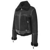 Women's Sheepskin Belted Black Leather Jacket