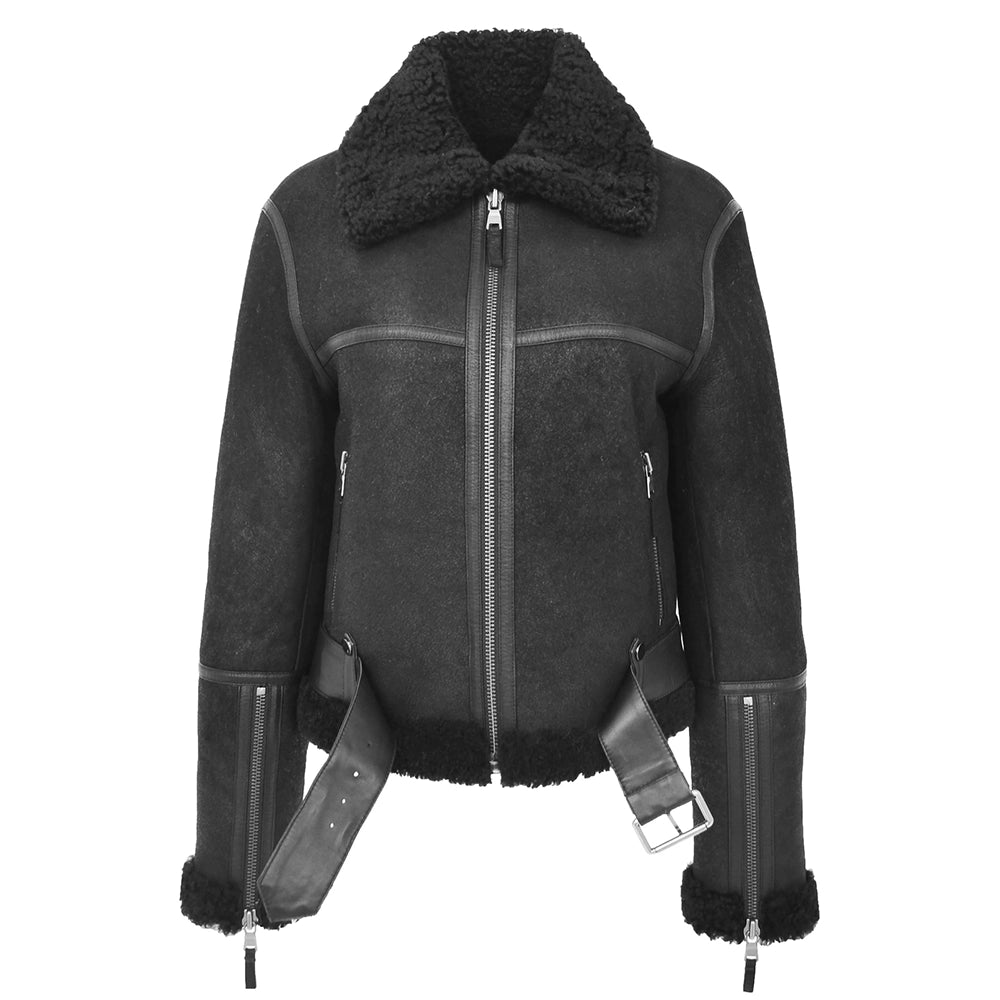 Women's Sheepskin Belted Leather Aviator Jacket