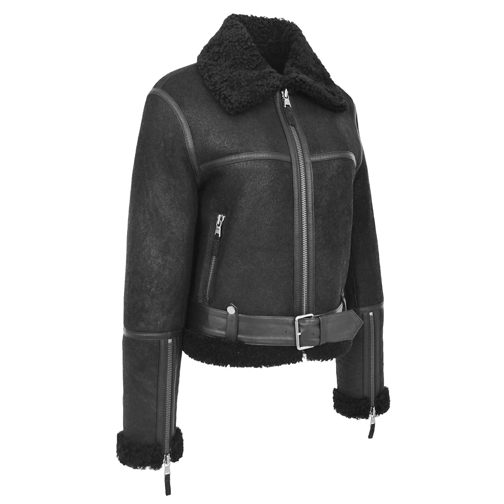Women's SheepskinBlack Leather Aviator Jacket