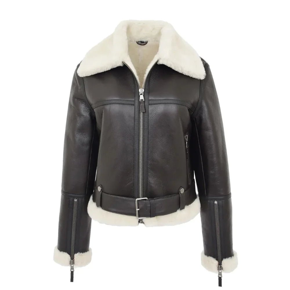Womens Sheepskin B3 Belted Black Leather Shearling Jacket Aviator