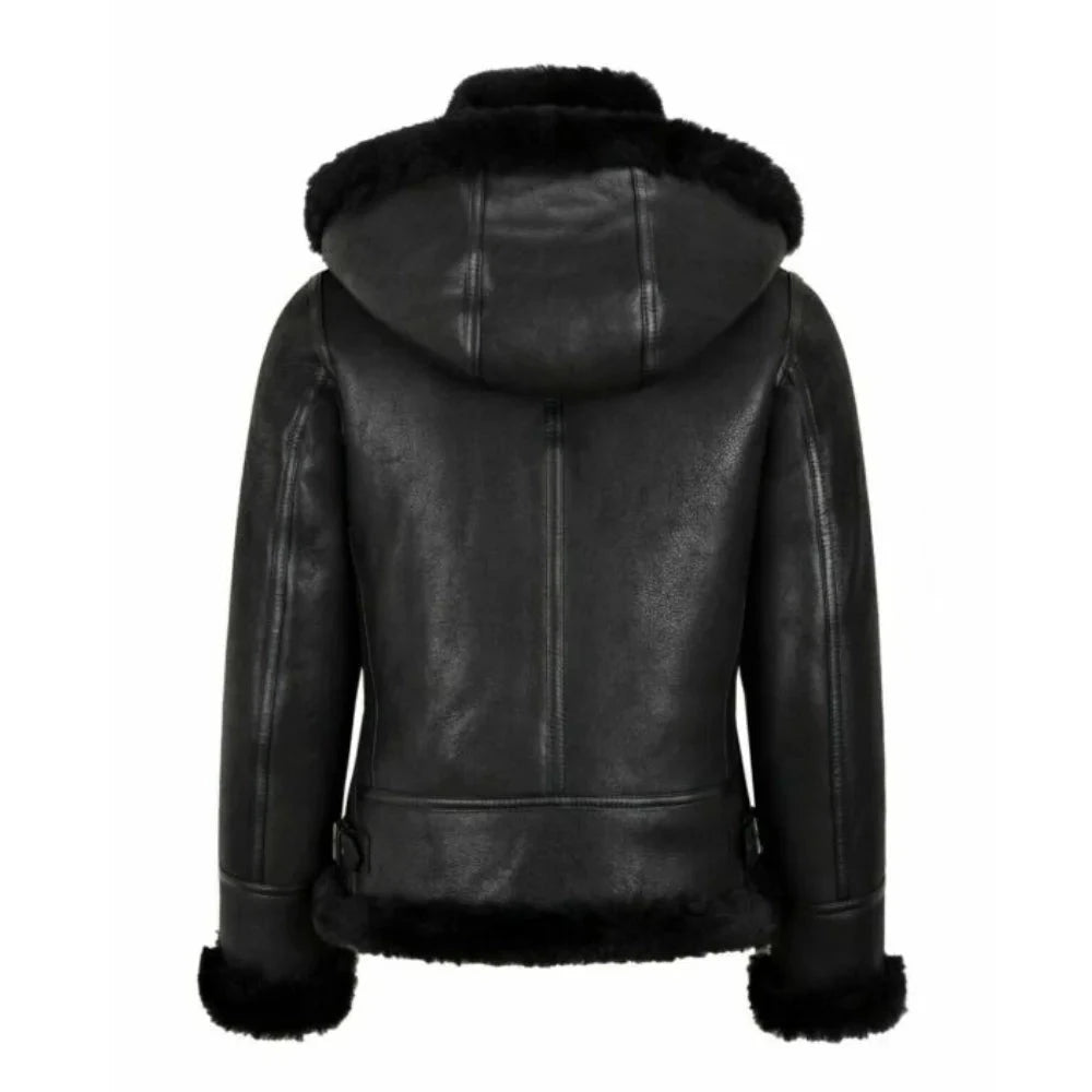 Womens Hooded Shearling Black Bomber Aviator Jacket