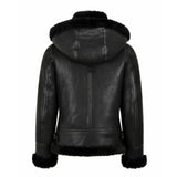 Womens Hooded Shearling Black Bomber Aviator Jacket