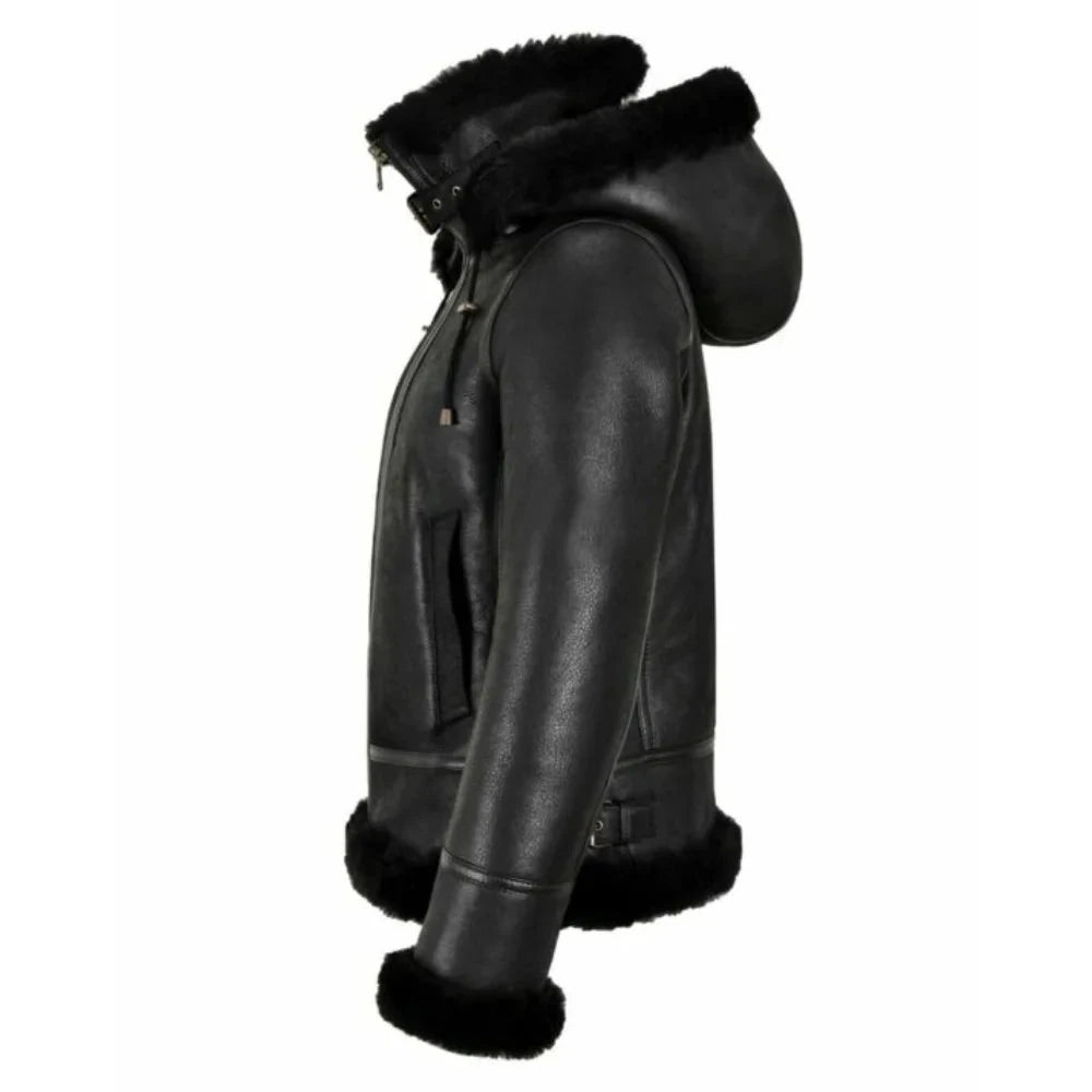 Womens Hooded Shearling Black Bomber Aviator Jacket