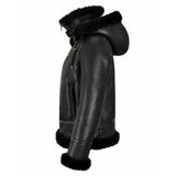 Womens Hooded Shearling Black Bomber Aviator Jacket