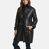 Victoria Womens Black Leather Shearling Winter Coat