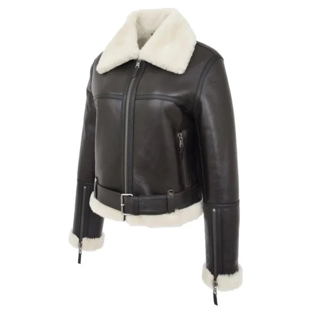 Womens Sheepskin B3 Belted Black Leather Jacket Aviator