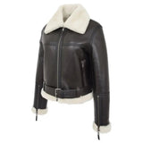 Womens Sheepskin B3 Belted Black Leather Jacket Aviator