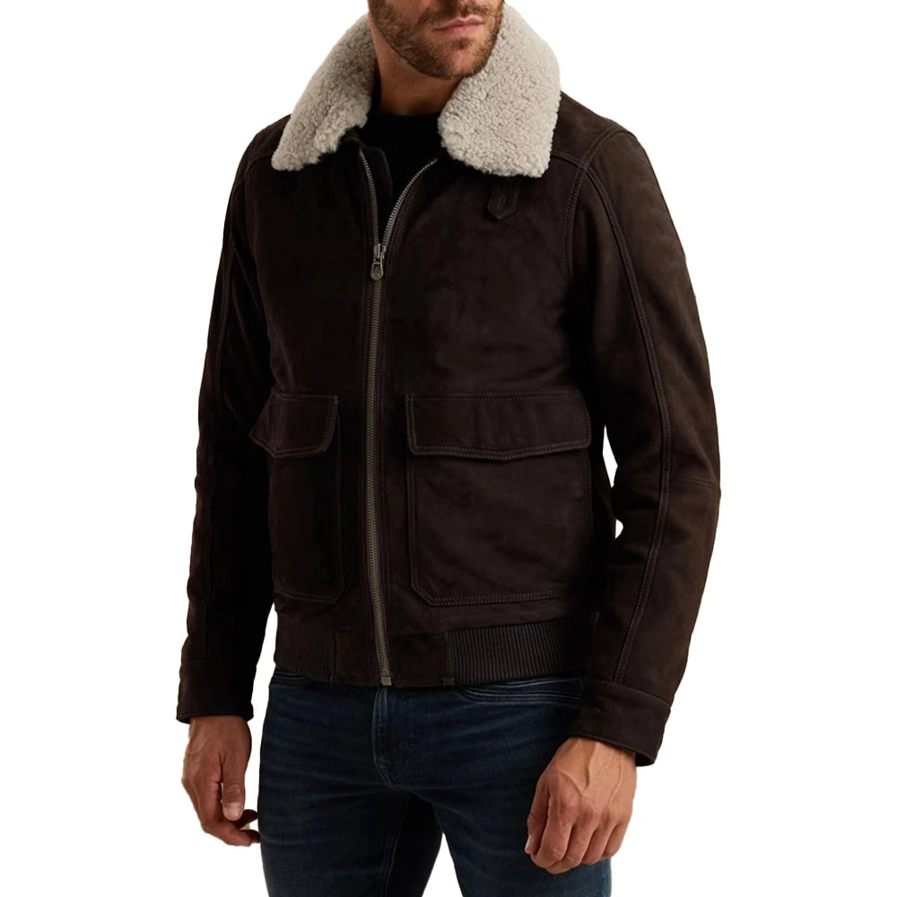 Men's Brown Aviator Leather Fur Jacket